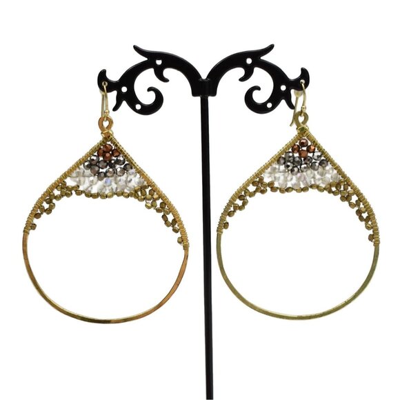 Artisan Drop Hoop Earrings Gold Tone Wire Wrapped Beads Clear Bronze Black Gold - Picture 3 of 4